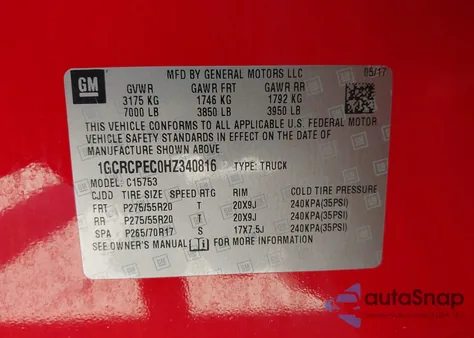 2017 Chevrolet Silverado 1500 Custom z USA, uszkodzony, nr VIN 1GCRCPEC0HZ340816